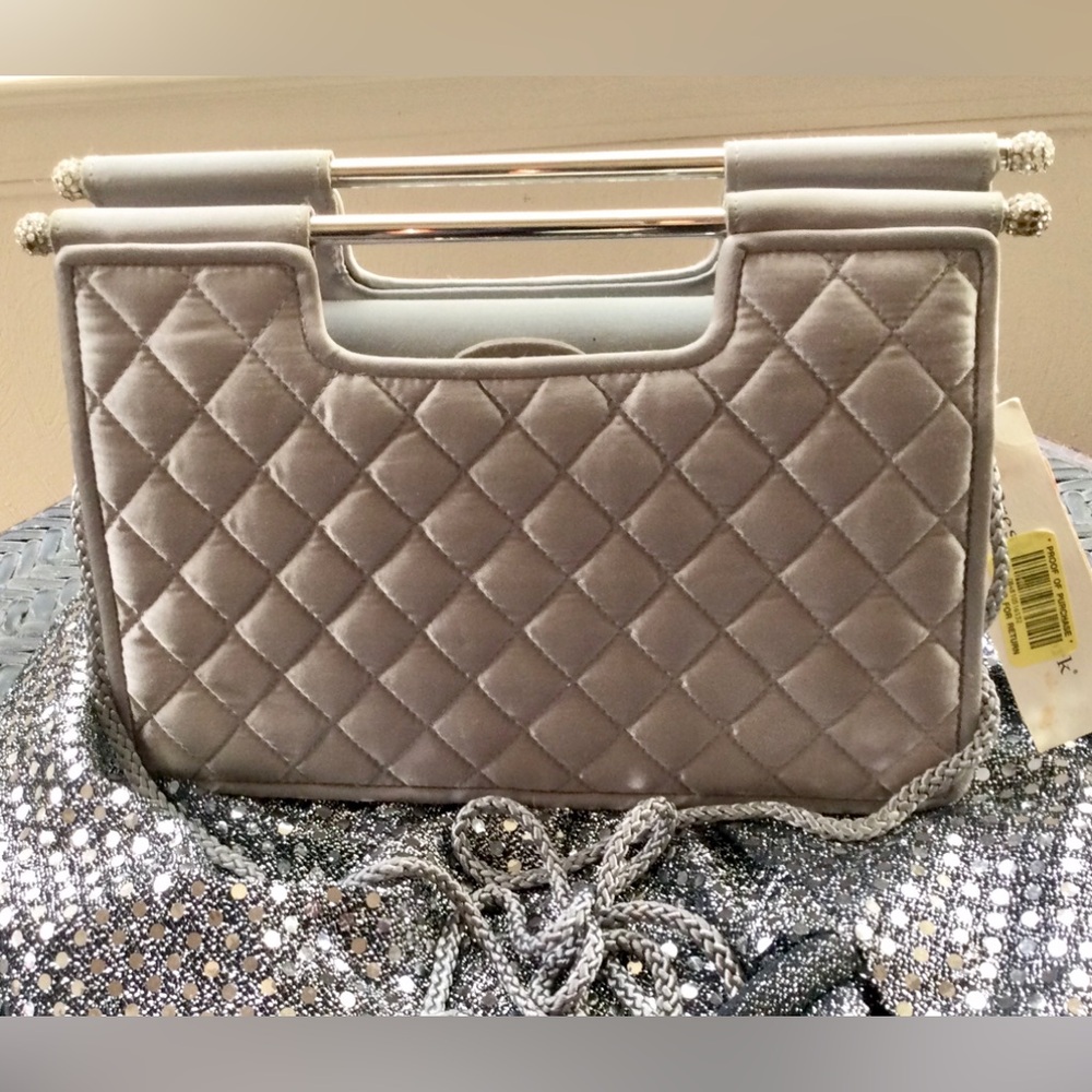 Preston & York Silver Satin Quilt Evening Bag